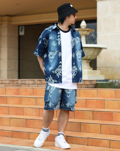 NESTA BRAND] ストレッチ 抜染 総柄 半袖 デニムシャツ NESTA