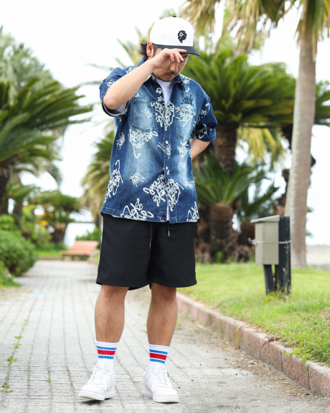 NOEL REUSSIR セットアップ　総柄　半袖　ハーフパンツ 限定商品】チェック＆無地切り替え半袖シャツ+ハーフパンツ